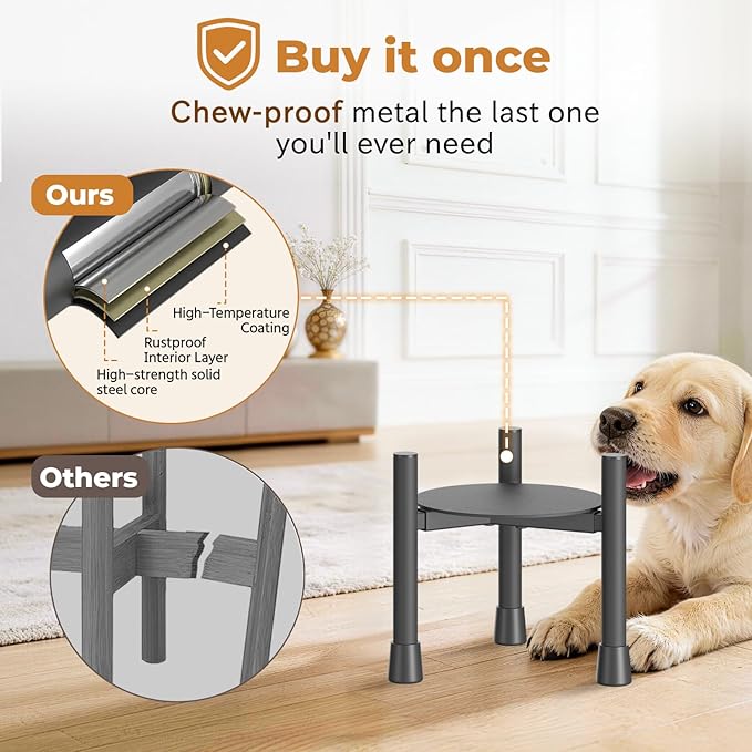 Single Elevated Dog Bowl Stand for Small Medium Breed, Adjustable Width 6-10in, 10in Tall Non-Slip Metal Raised Puppy Food Feeder Water Holder, Fits Various Size Ceramic Stainless Steel Pet Bowl
