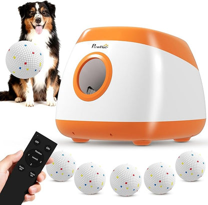 PawHut Automatic Dog Ball Launcher, Rechargeable Dog Ball Thrower with Remote Control, 3 Adjustable Distance (40ft/60ft/80ft), 6 ETPU Tennis Fetch Toys 2.5", Low Noise, for Medium Large Breeds, Orange