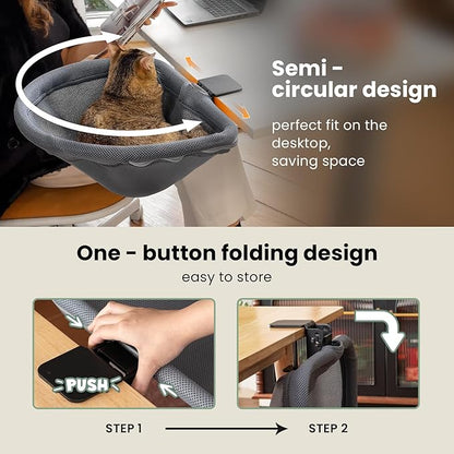 Cat Desk Bed - One-Click Folding, Sunken Design & Space-Saving Semi-Circular Cat Bed, Mesh Cover Material, Suitable for Various Desktops-Maximum Hold Up to 40lb
