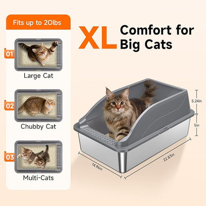 2PACK Stainless Steel Litter Boxes, Extra Large XL Odor Free Metal Litter Box with High Sides, Open Top Litter Pan Include Scoop Easy Cleaning Anti-Scratch Kitty Cat Box Anti-Urine Leakage, Non-Sticky