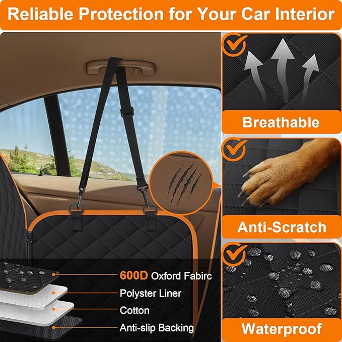 ELONGRIVER Dog Car Seat Cover for Back Seat Hammock 600D Waterproof Car Seat Protector for Dogs with Anti-Slip Scratch Proof Dog Seat Cover for SUV Truck Black with Orange X Large Size