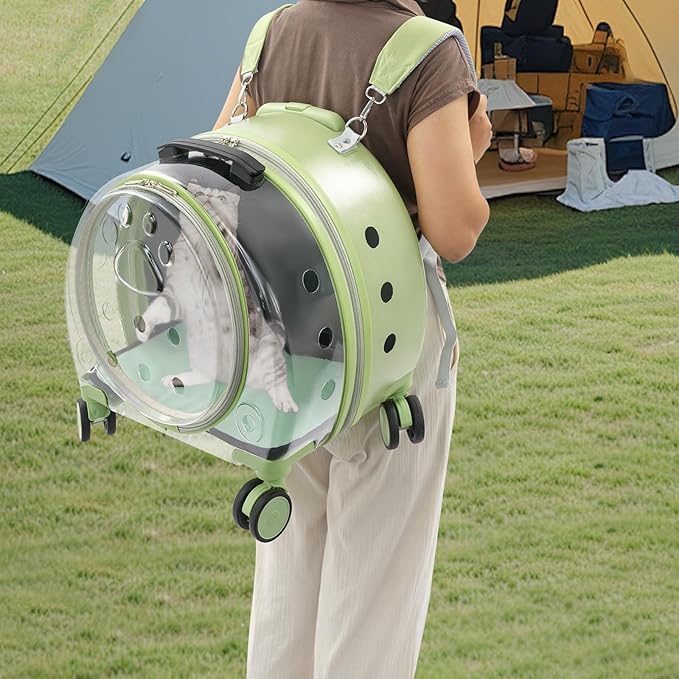Transparent Bubble Pet Carrier with Wheels, Breathable Cat Dog Travel Carrier with 3-Stage Handle & Removable Strap, Portable Trolley Case with Ventilation for Small Dogs & Cats (Green)