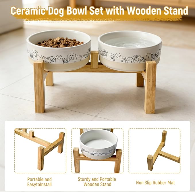 Elevated Ceramic Dog Bowls with Wooden Stand，6.1inch Raised Dog Bowls with Cute Pattern for Small and Medium Breed Dogs,2 Pack Dogs Food and Water Bowl Set,Weighted Pet Dishes Dishwasher Safe