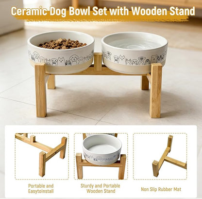 Elevated Ceramic Dog Bowls with Wooden Stand，6.1inch Raised Dog Bowls with Cute Pattern for Small and Medium Breed Dogs,2 Pack Dogs Food and Water Bowl Set,Weighted Pet Dishes Dishwasher Safe