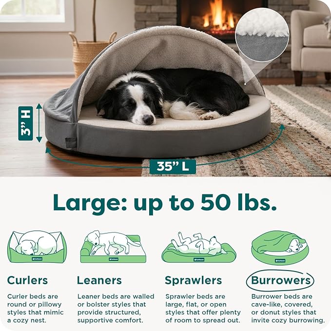 FurHaven Round Orthopedic Dog Bed for Large Dogs, Egg Crate with a Solid Orthopedic Foam Base with Attached Blanket Hood and Removable Washable Cover, Large, Sherpa & Suede Snuggery, Gray