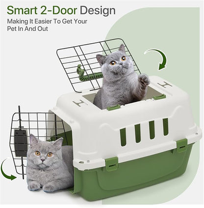 18 Inch Hard-Sided Plastic Dog Carrier 2 Door Travel Crate for Small Dogs Cats up to 10 lbs, Durable Handle, Security Lock Design, Green