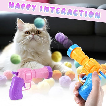 102Pcs Cat Ball Toy Launcher Gun，Cat Balls Fetch Toy - Includes 100 Colorful Plush Cats Balls and 2 Exciting Launchers Set，for Bored Indoor Adult Cats, Cute Kitten Kitty Toys