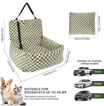 Dog Car Seat for Small Dogs,Medium Dog Car Bed with Detachable Washable Cover,Pet Puppy Booster Cars Seats with Safety Belt Up to 30 lbs(Grid Green)