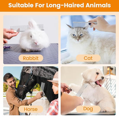 PETTOM 2Pcs Stainless Steel Dog Comb, Round Tooth Cat Comb with 2 Tooth Widths, Metal Combs for Removing Knots and Tangles, Grooming Tool for Long and Short Hair Pets, 7.5 IN Silver