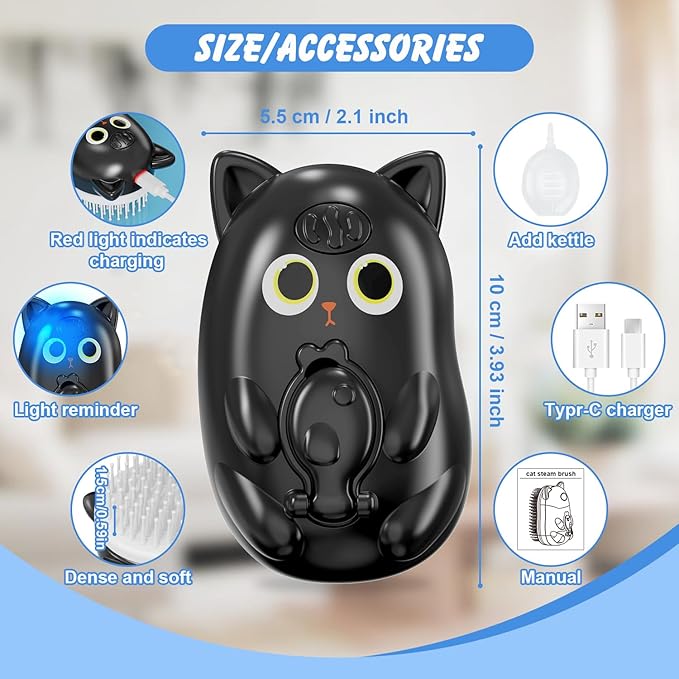 3 in 1 Cat Steam Brush for Shedding, Pet Steam brush for Dog & Cat Shedding & Grooming, for Long & Short Haired Pets, Spritz Defur Comb (black)