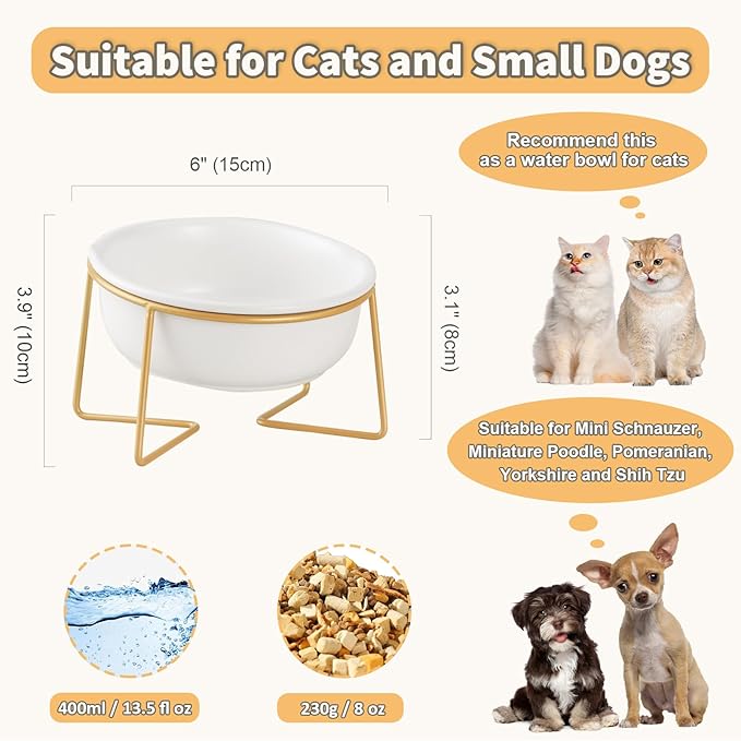 White Small Ceramic Tilted Elevated Cat Dog Bowl Raised Cat Food Water Bowl Dish Pet Comfort Feeding Bowls with Gold Iron Stand