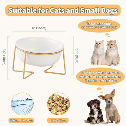 White Small Ceramic Tilted Elevated Cat Dog Bowl Raised Cat Food Water Bowl Dish Pet Comfort Feeding Bowls with Gold Iron Stand