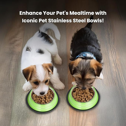 Iconic Pet Color Splash Stripe Non-Skid Stainless Steel Dog & Cat Bowl - Green, 8 Oz, 1 Cup, Durable, Easy to Clean, Anti-Slip Feeding Dish for Food & Water, Stylish Design for Dogs and Cats