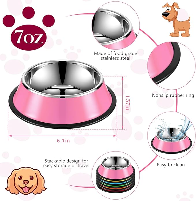 Roshtia 6 Pcs 7 oz Colorful Stainless Steel Dog Bowl Stackable Water and Food Cat Bowl Pet Dishes with Non Slip Silicone Base for Small Medium Dog Cat Kitten