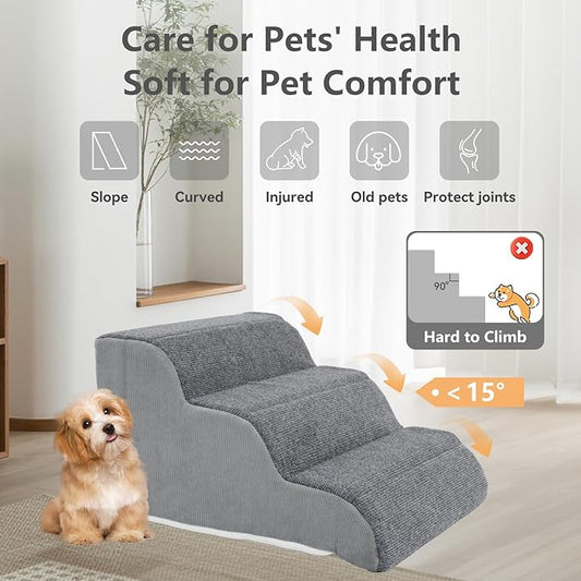 3-Step Sturdy Foam Dog Stairs with PE Support Board, Cover Removable, Pet Steps for Small to Medium Dogs & Cats, 13''H Dog Step for Sofa, Chair, or Stairs