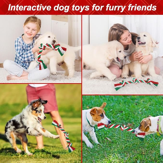 SZEE Dog Rope Toy, 14 in 3 Knots Christmas Dog Chew Toys for Medium and Small Dogs, Pull Toy for Tug of War and Teeth Cleaning (Red & Green)