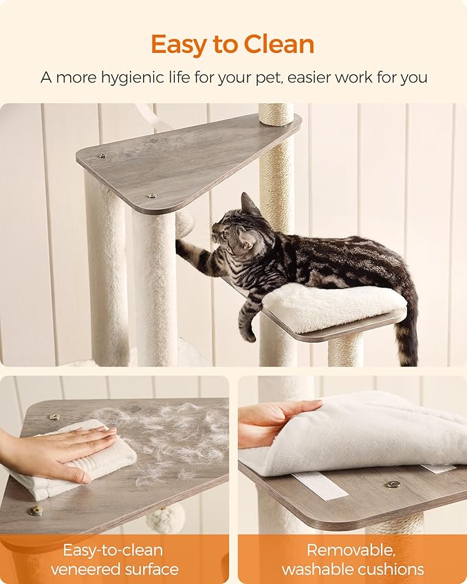 Feandrea Cat Tree, 64.6-Inch Modern Cat Tower, Multi-Level Condo with 5 Scratching Posts, Perch, Washable Removable Cushions, Cave, Heather Greige UPCT166G01