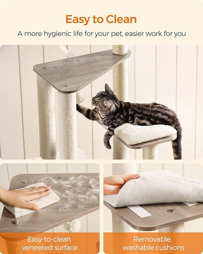 Feandrea Cat Tree, 64.6-Inch Modern Cat Tower, Multi-Level Condo with 5 Scratching Posts, Perch, Washable Removable Cushions, Cave, Heather Greige UPCT166G01