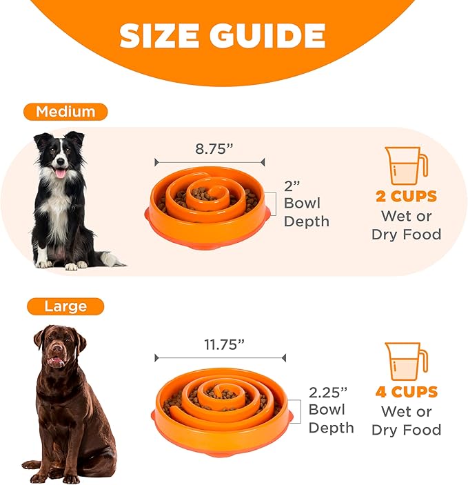 Outward Hound Fun Feeder Slo Bowl – Medium 2‑Cup Capacity, Slow Feeding, Small to Medium Dogs & Cats, Non-Slip, Orange, Swirl Pattern