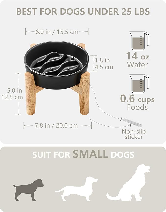 Ceramic Slow Feeder Dog Bowls Elevated, 0.6 Cup Dog Slow Feeder for Small Dogs, Puzzle Maze Bowl, 14oz, 6in, Black