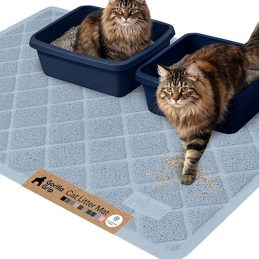 GORILLA GRIP Cat Litter Box Mat, 47x35, Cushioned Coil Mesh Litter Trapping Mats, Scatter Control Supplies for Less Mess, Phthalate Free, Ultra Deep Catch Grooves, Rinse or Vacuum to Clean, Light Blue