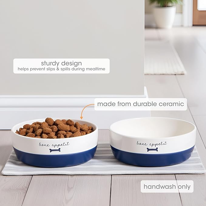 Pearhead Ceramic Dog Bowl – White & Navy “Bone Appétit” Design, Stoneware Pet Dish, Non-Skid Feeding Bowl, Small/Medium 2.25 Cups/ 18 oz