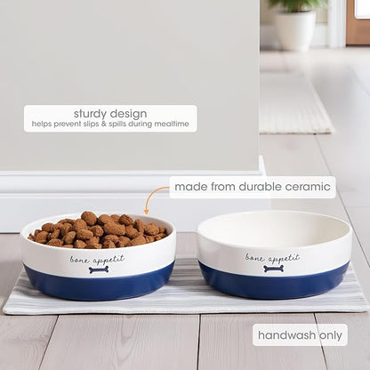 Pearhead Ceramic Dog Bowl – White & Navy “Bone Appétit” Design, Stoneware Pet Dish, Non-Skid Feeding Bowl, Small/Medium 2.25 Cups/ 18 oz