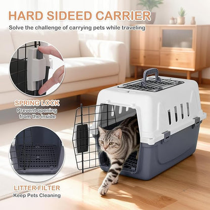 MoNiBloom 18-Inch 2-Door Top Loading Cat Carrier, Plastic Dog Crate Hard-Sided Dog Travel Carrier for Small Dogs and Cats, Ventilation and Security Lock Design for Pets up to 10 lbs (Grey)