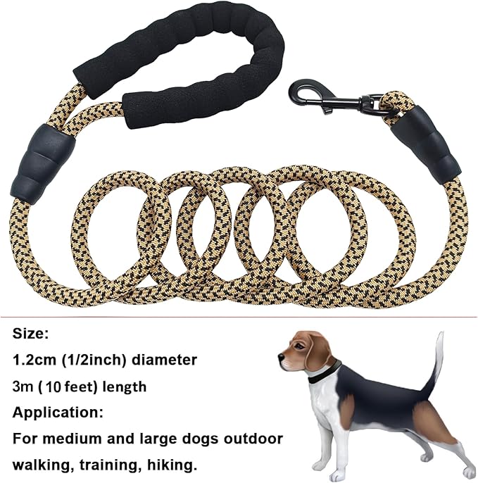 MayPaw Heavy Duty Rope Dog Leash, 3/4/5/6/7/8/10/12/15/20 FT Nylon Pet Leash, Soft Padded Handle Thick Lead Leashes for Large Medium Dogs (Brown, 1/2" * 10')