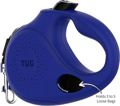TUG Oval 360° Tangle-Free Retractable Dog Leash with Integrated Waste Bag Dispenser (Large, Blue)