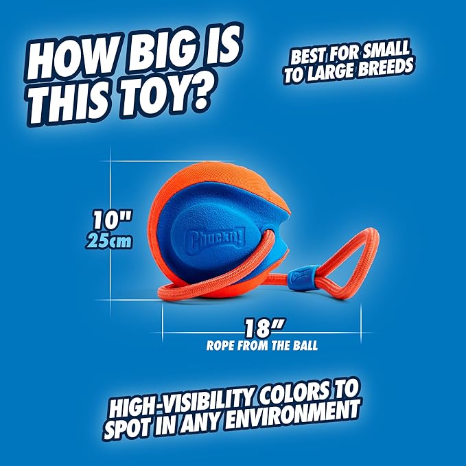Chuckit! Rope Fetch Dog Toy - Ball on Rope Fetch and Tug-of-War Toy for Dogs - Durable EVA Rubber Construction - 5.5-inch Diameter - 18-inch Rοpe - Orange and Blue