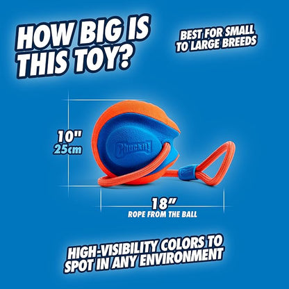 Chuckit! Rope Fetch Dog Toy - Ball on Rope Fetch and Tug-of-War Toy for Dogs - Durable EVA Rubber Construction - 5.5-inch Diameter - 18-inch Rοpe - Orange and Blue