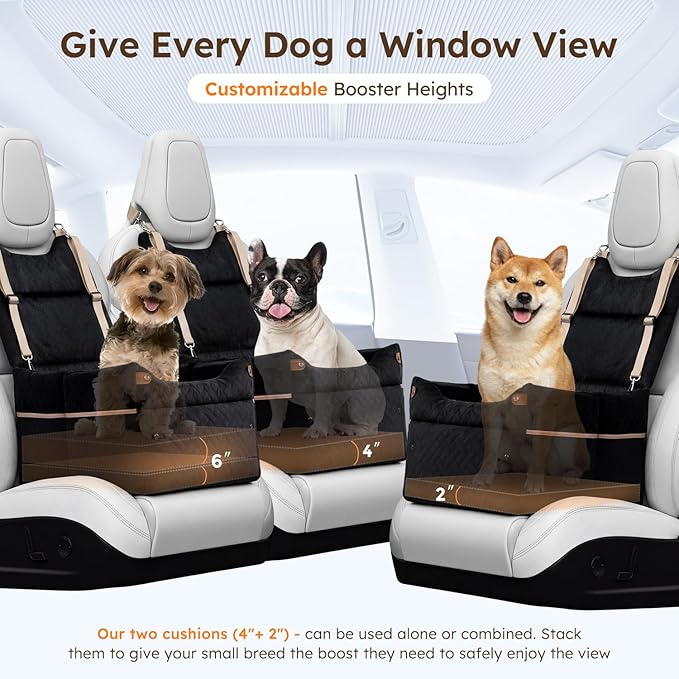 ZOMISIA Elevated Dog Car Seat for Medium Dogs, 3 Adjustable Heights with 2 Egg Crate Foam Boosters 4"+2", Dual-Sided Cooling&Plush Waterproof Cover, 2 Safety Leashes & Buckles, Houndstooth