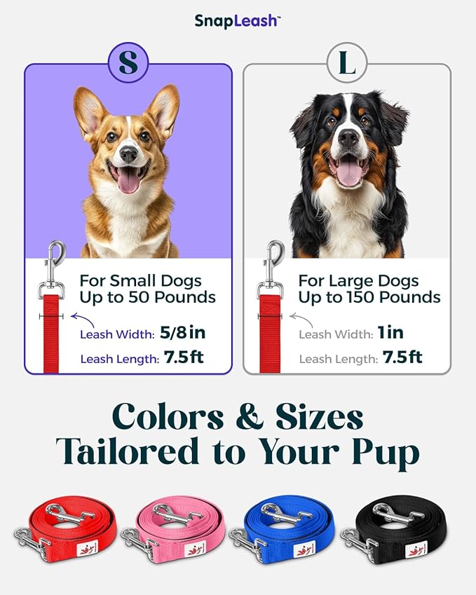Hands-Free Dog Leash Training Running Snapleash, Waist & Shoulder Lead for Walking, Traffic Lead, Dual Pet Leash Adjustable for Large, Medium and Small Dog Breeds (RED, Small (5/8in x 7.5ft))