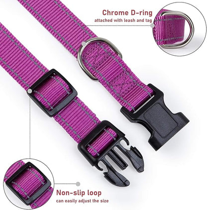 Reflective Dog Collar with Buckle Adjustable Safety Nylon Collars for Small Medium Large Dogs, Purple XL