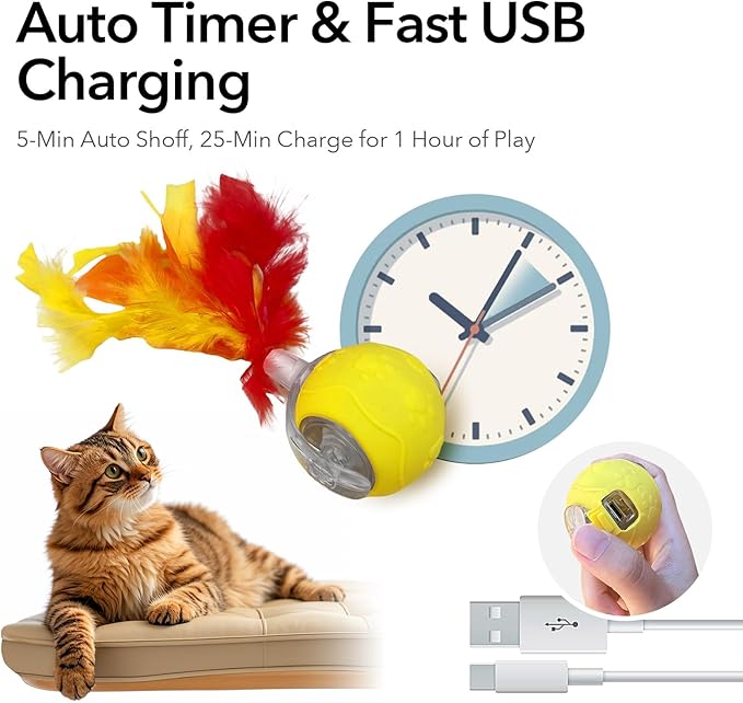 Automatic Cat Toy with Feather Tail – Interactive Moving Ball for Indoor Cats, Rechargeable Battery, Self-Play Boredom Buster for Kitten & Adult Cat, Yellow