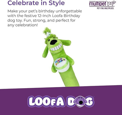Multipet Loofa Dog Plush Toy w/ Birthday Hat - Squeaky Dog Toy for Dogs - Soft Plush - Stuffed Animal Dog Toys for Playing (1 Count, 12”, Random Color Surprise)