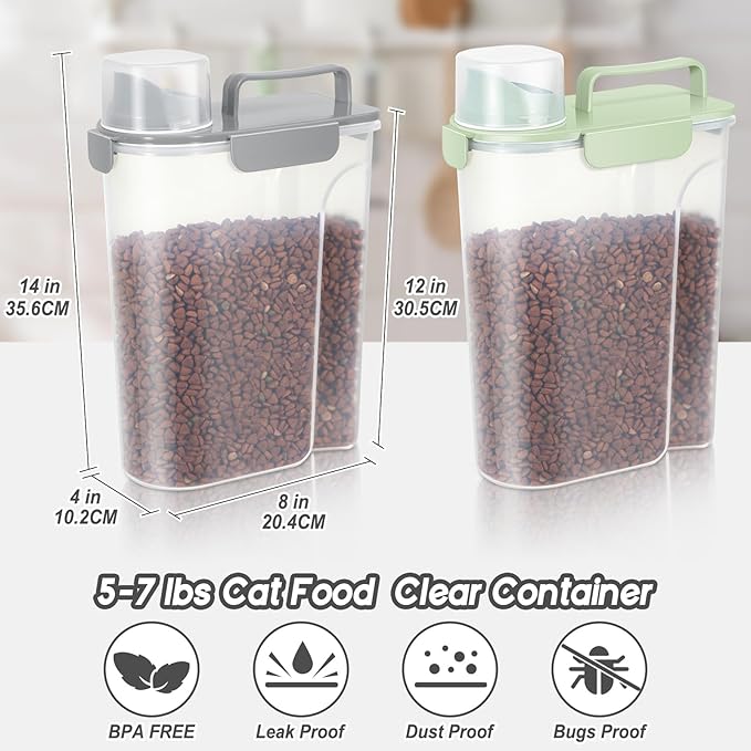 5-7Lbs Dog Cat Food Storage Container with Upgraded Large Nozzle BPA-free, 4 Snap Seals Plastic Pet Food Storage Containers with Handles (Light Green+Light Gray, 5L-2pack)