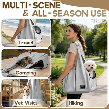 Dog Purse Carrier, Small Dog Cat Puppy Outdoor Portable Bag, Foldable Breathable 3‑Speed Zipper Access Pet Travel Bag with Large-Capacity Pockets, 15 lbs Capacity,Grey