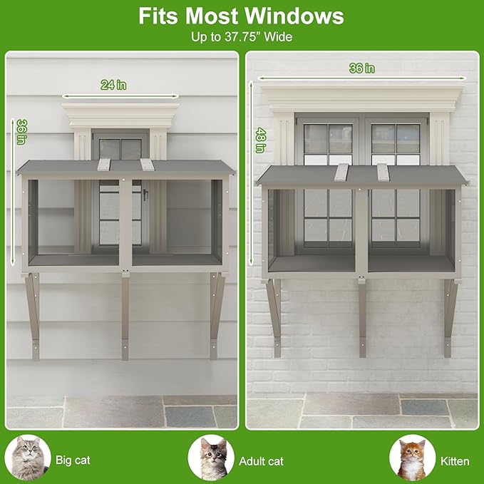 PetsCosset Cat Window Box Catio Outdoor Cat Enclosure for Sunbathing, Napping & Bird Watching, Sturdy Window Perch for Indoor Cats for Apartments, Keeps Insects Out, All-Weather Use, Grey