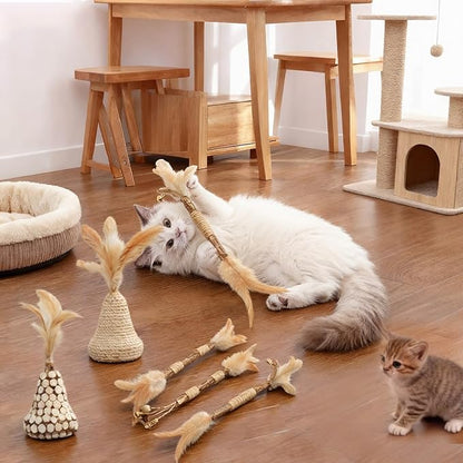 Walfront Cat Toys Interactive,Cats Chew Toys Sticks 2PCS Realistic Tree Stump Toys + 4PCS Pure Natural Log Sticks with Feathers and Bell Natural,Safe Dental Teething Toy for Indoor Cats