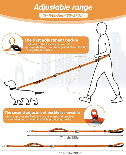 Hands Free Dog Leash, Multifunctional Crossbody Dog Leash, 5.9-9.5Ft Long Waist Belt with Car Seatbelt and Double-Sided Reflective Stitches for Medium and Large Dogs Walking, Jogging(Orange).