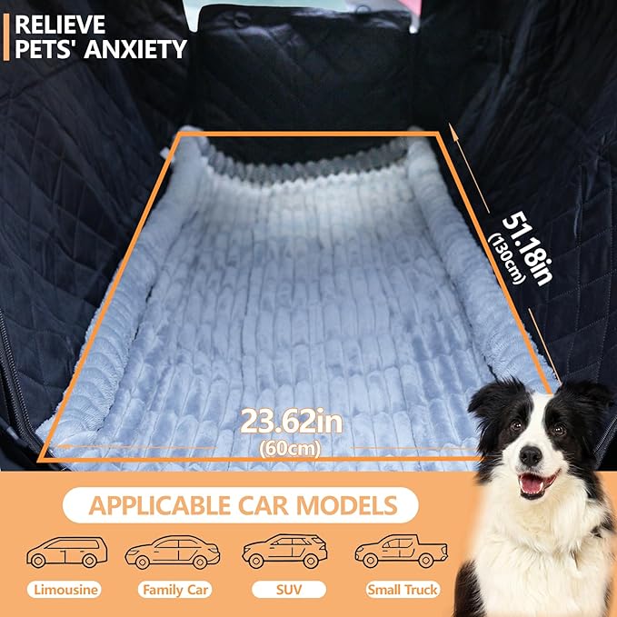 2-in-1 Dog Car Seat Cover & Dog Car Pet Bed Mat for Back Seat, Waterproof Pet Hammock with Soft Plush Cushion, Nonslip Backseat Protector for Dogs, Fits Cars SUVs Trucks