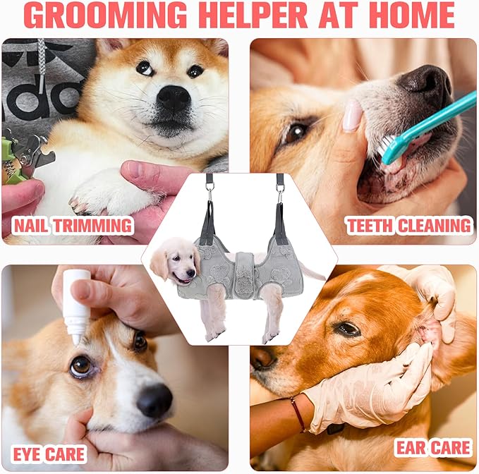 PAWCHIE Dog Grooming Hammock Harness for Dogs & Cats with Pet Nail Clipper Trimmer,Cat Hanger Sling for Trimming Clipping Nails,Warm Plush Dog Hammock Restraint Bag for Small Medium Large Dogs,Grey M