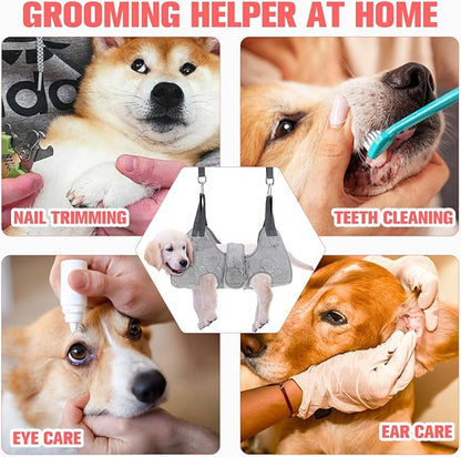 PAWCHIE Dog Grooming Hammock Harness for Dogs & Cats with Pet Nail Clipper Trimmer,Cat Hanger Sling for Trimming Clipping Nails,Warm Plush Dog Hammock Restraint Bag for Small Medium Large Dogs,Grey M