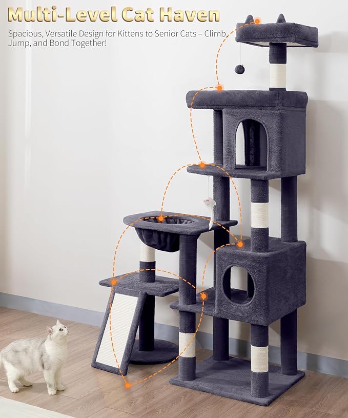 68 Inches Heavy Duty Cat Tree for Indoor Cat, Big Cat Tower with Sisal Scratching Posts and Top Perch, Large Platform for Adult Cats, PMT02DG, Dark Grey