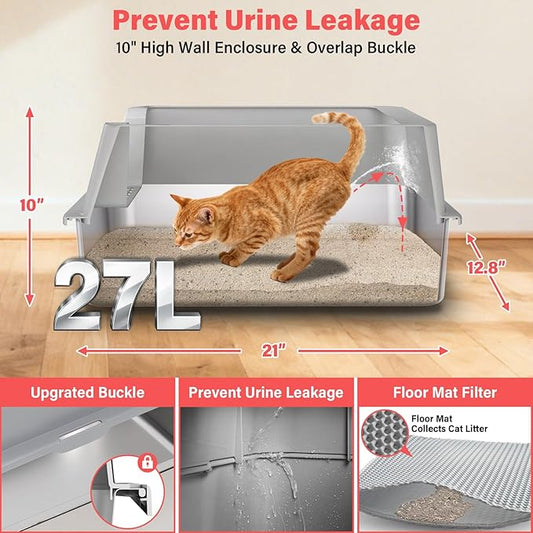 Stainless Steel Cat Litter Box with Lid, XL Metal Litter Box High Sided, Odor-Free/Anti-Urine Leakage & Non-Stick, Extra Large Litter Box with Mat & Scoop for Multiple/Big Cats, Easy Cleaning (Grey)