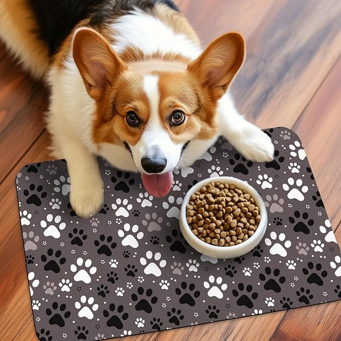 Patterned Cat & Dog Bowl Mat for Food and Water, 12"×20" Quick Dry Absorbent Pet Feeding Mat, Eco-Friendly Dog Placemat