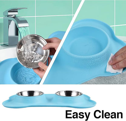 Dog Bowls 2 Stainless Steel Bowl for Pet Water and Food Feeder with Non Spill Skid Resistant Silicone Mat for Pets Puppy Small Medium Cats Dogs