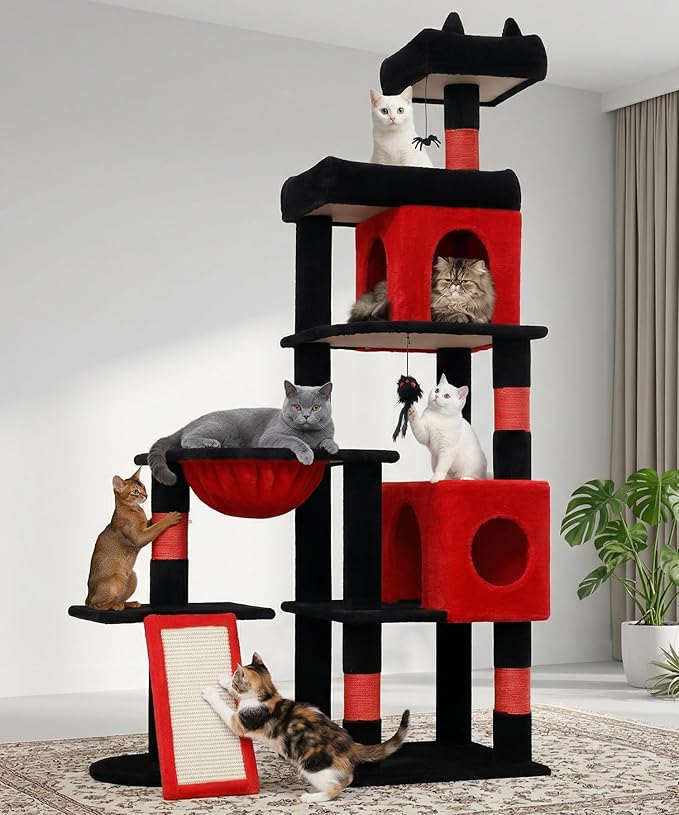 68 Inches Heavy Duty Cat Tree for Indoor Cat, Big Cat Tower with Sisal Scratching Posts and Top Perch, Large Platform for Adult Cats, PMT02RD, Black Red